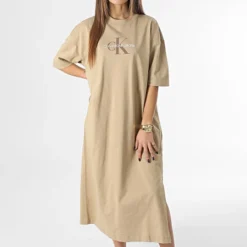 Calvin Klein Robe Femme Tee Shirt Monologo Long 0511 Beige