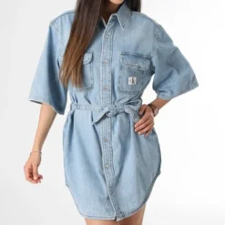 Calvin Klein Robe Chemise Jean Manches Courtes Femme 1268 Bleu Denim