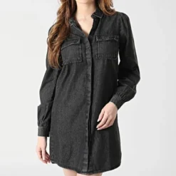 ONLY Robe Jean A Manches Longues Femme Meadow Life Gris Anthracite Chiné