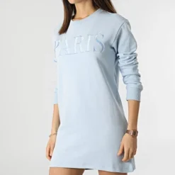 ONLY Robe Sweat Crewneck Femme Paris Bleu Clair -Promos Sublisane Magasin only 300317 15253928 CASHMERE BLUE PARIS EMB 20220201T161838 03