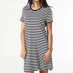 ONLY Robe Tee Shirt Femme Pocket Stripe Bleu Marine Blanc