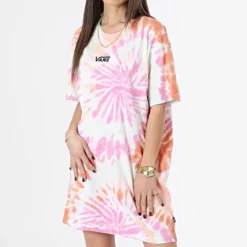 Vans Robe Tee Shirt Femme Center Vee Rose Orange Blanc